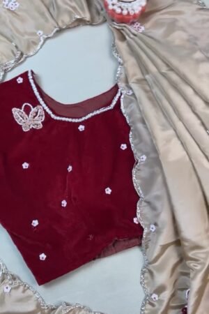 Enchanting Butterfly-Motif Velvet Blouse with Embellished Ruffle Saree – Available in Maroon & Champagne