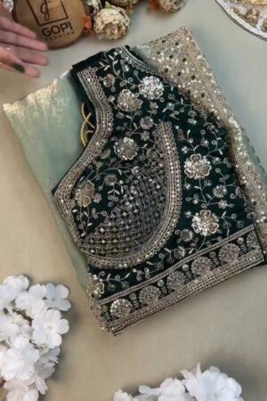 Emerald Green Velvet Blouse and Mint Shimmer Saree Set – A Dazzling Ethnic Ensemble