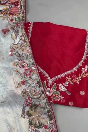 Artisanal Doli-Motif Embroidered Kurta & Drape Set – Available in Off-White & Crimson Red