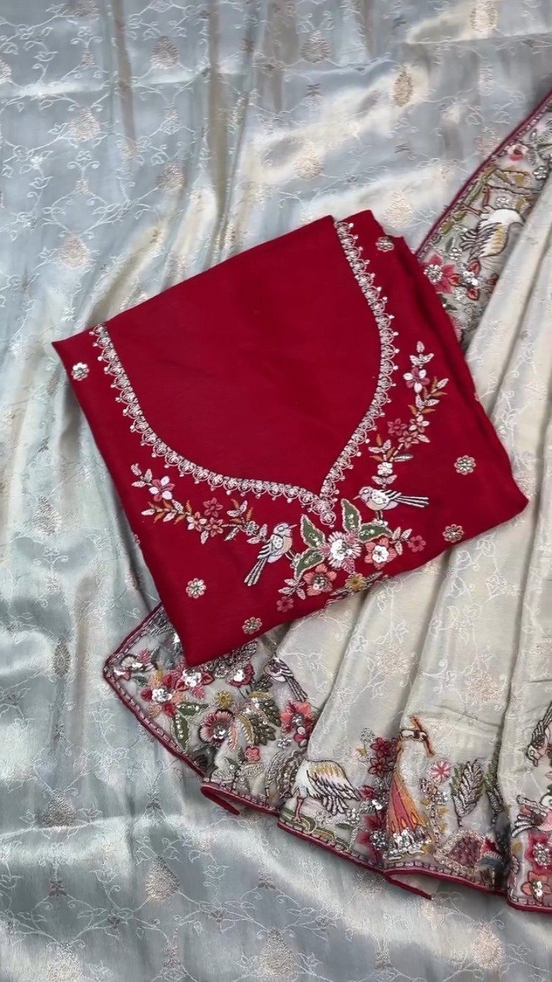 Artisanal Doli-Motif Embroidered Kurta & Drape Set – Available in Off-White & Crimson Red - Image 5