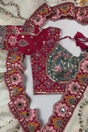 Artisanal Embroidered Saree Set with Mirror-Work Blouse – Available in Maroon & White