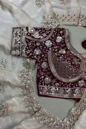 Royal Maroon Velvet & Ivory Organza Festive Saree Set
