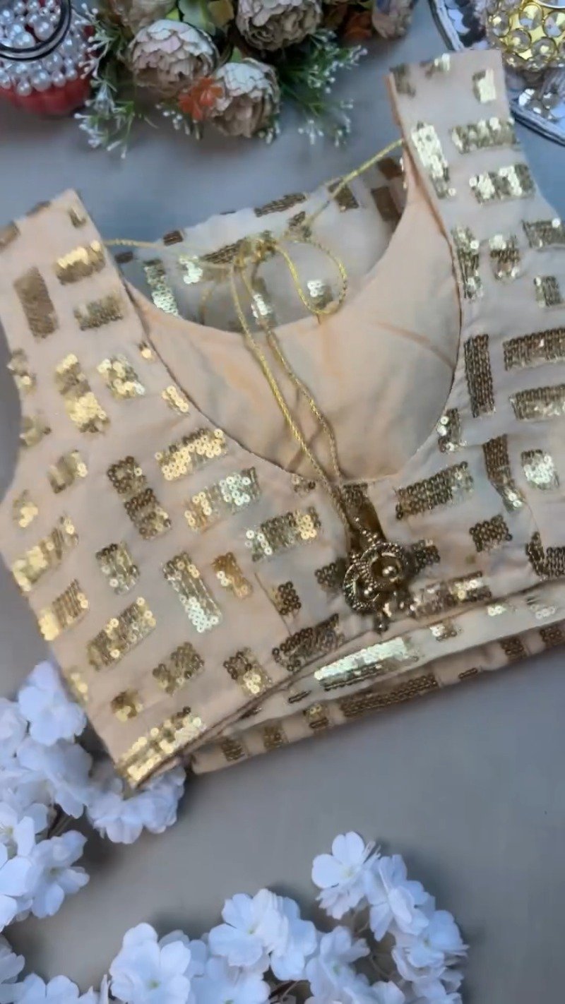 Luminous Champagne Sequin Geometric Saree and Blouse Set - Image 3
