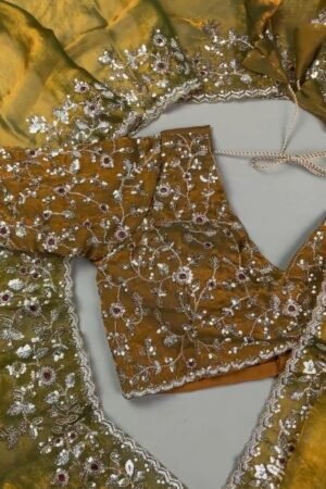 Enchanting Mustard Gold Sequined Organza Saree & Matching Embellished Blouse
