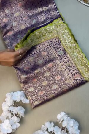 Royal Purple & Lime Green Zari Woven Silk Saree with Scalloped Sequin Border – Available in Purple & Lime Green