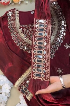 Royal Maroon Mirror-Work Festive Kurta Set