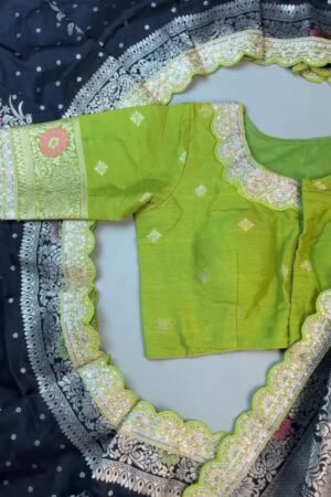 Midnight Bloom Banarasi Silk Saree with Contrast Embroidered Blouse – Available in Midnight Black & Lime Green