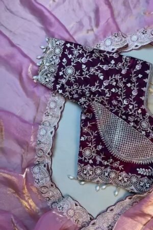 Elegant Deep Plum Velvet & Shimmer Organza Saree Set – A Statement of Regal Sophistication