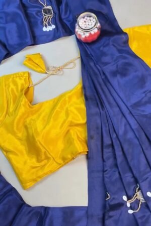 Midnight Blue Silk Saree with Vibrant Yellow Blouse – Handcrafted Mirror & Shell Embellishments