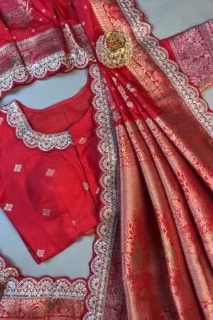 Radiant Crimson Banarasi Silk Saree with Scalloped Sequin Border – Exclusive Ethnic Ensemble