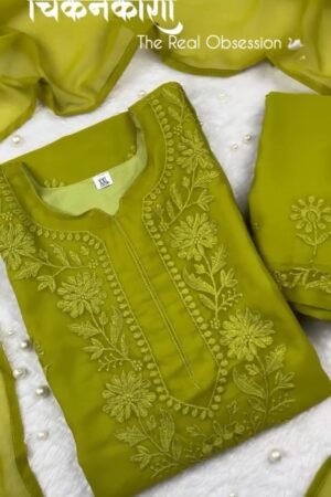 Olive Green Hand-Embroidered Chikankari Kurta Set