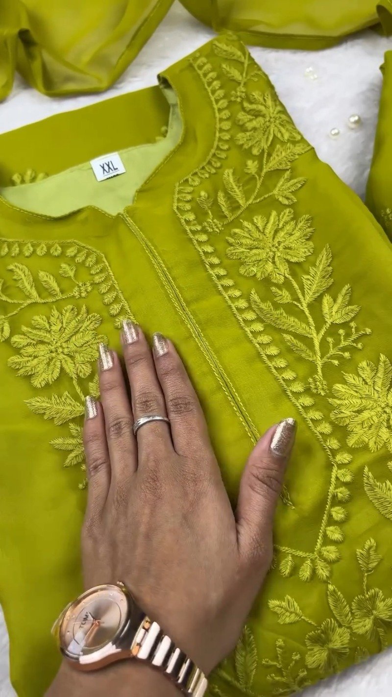 Olive Green Hand-Embroidered Chikankari Kurta Set - Image 2