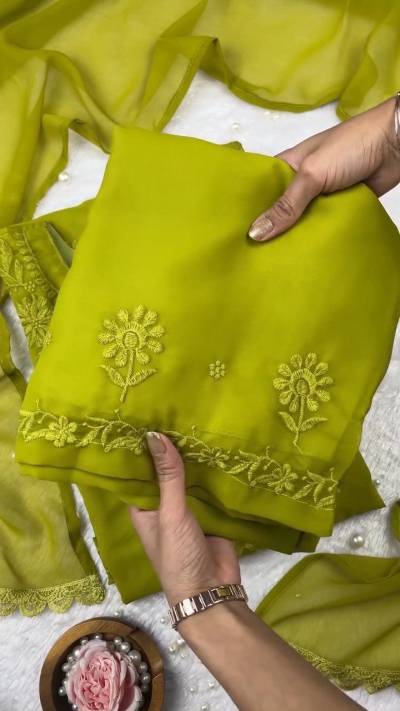Olive Green Hand-Embroidered Chikankari Kurta Set - Image 3