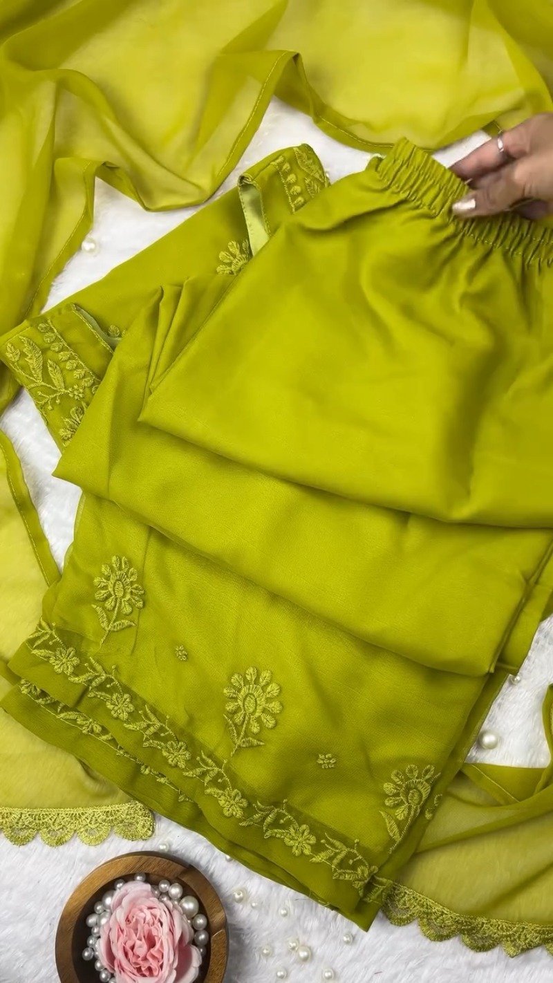 Olive Green Hand-Embroidered Chikankari Kurta Set - Image 4