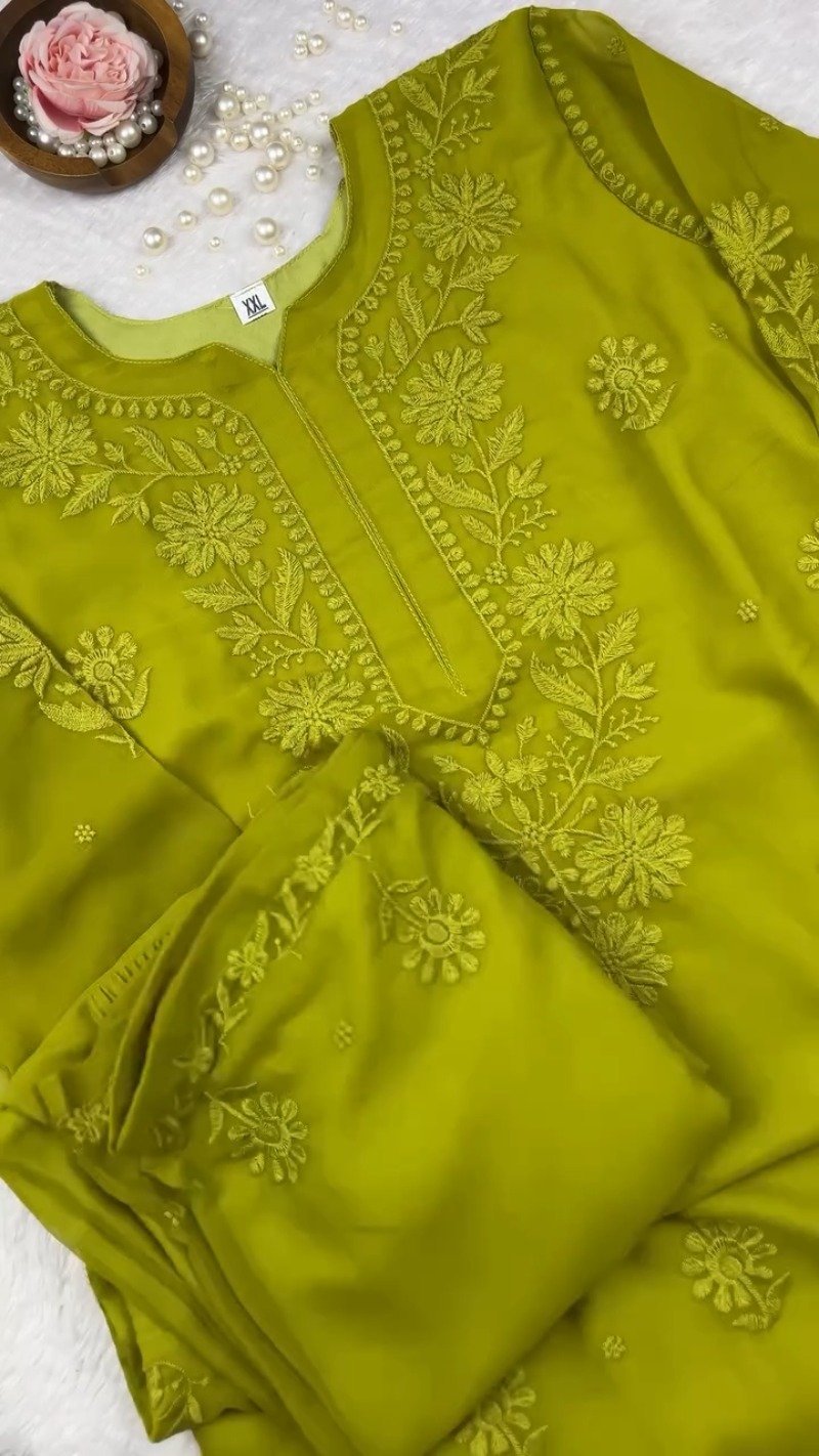 Olive Green Hand-Embroidered Chikankari Kurta Set - Image 7