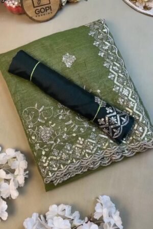 Forest Olive Sequinned Georgette Saree with Scalloped Embroidered Border