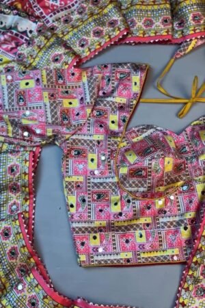 Vibrant Rajasthani Bandhani Inspired Mirror-Work Blouse and Lehenga Set