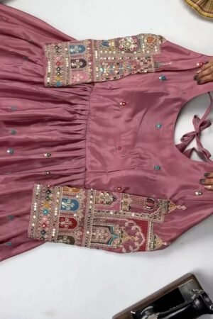 Elegant Mirror-Work Anarkali Kurta Set – Available in Sage Green & Mauve Pink