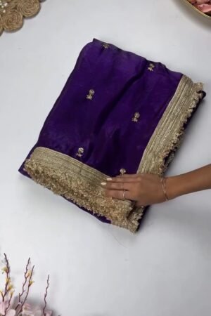 Opulent Lustre Ethnic Drape with Gota-Patti Trims – Available in Royal Blue, Imperial Purple, Sage Green & Rose Pink