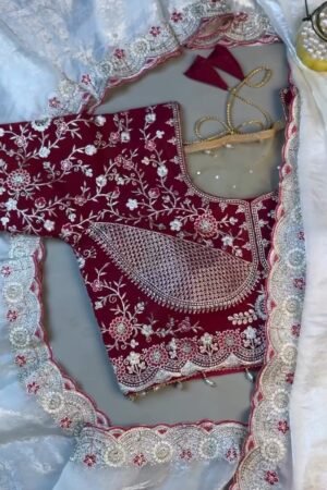 Royal Velvet & Organza Co-ordinated Set with Intricate Zari Embroidery – Available in Crimson Red & Pristine White
