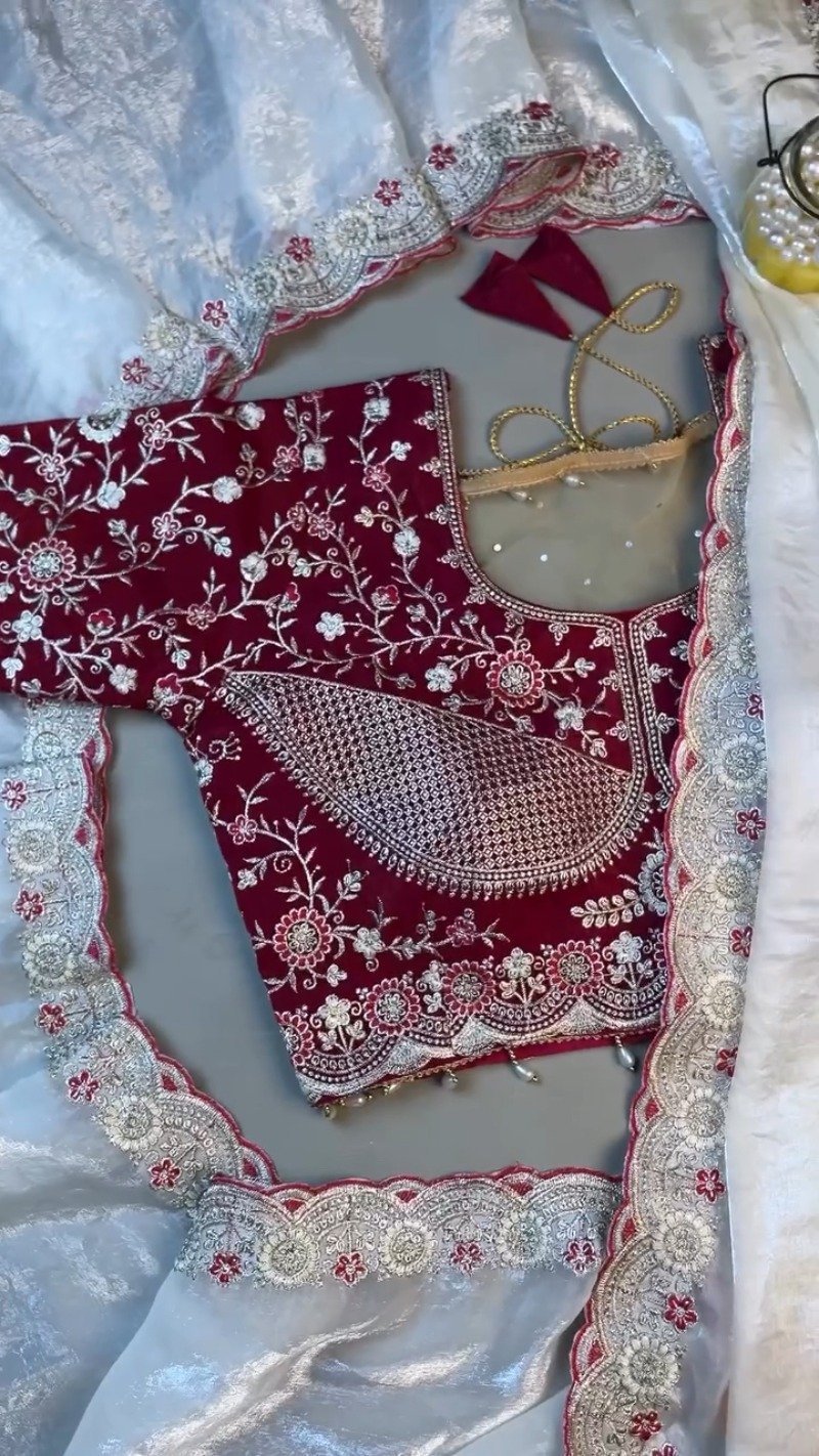 Royal Velvet & Organza Co-ordinated Set with Intricate Zari Embroidery โ Available in Crimson Red & Pristine White
