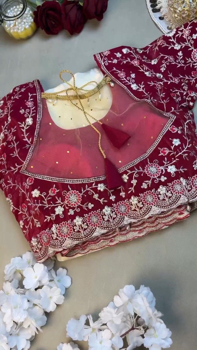 Royal Velvet & Organza Co-ordinated Set with Intricate Zari Embroidery โ Available in Crimson Red & Pristine White - Image 3
