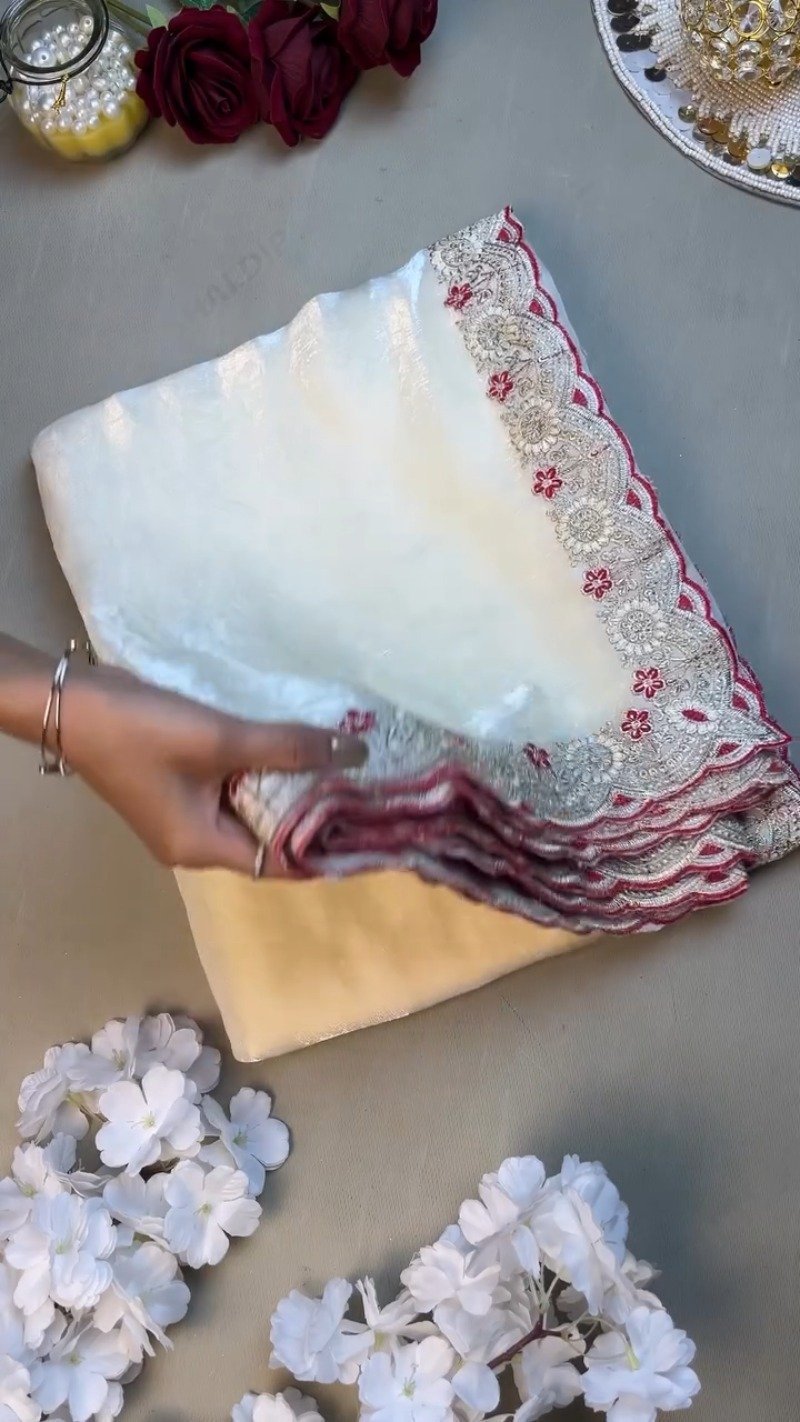 Royal Velvet & Organza Co-ordinated Set with Intricate Zari Embroidery โ Available in Crimson Red & Pristine White - Image 4