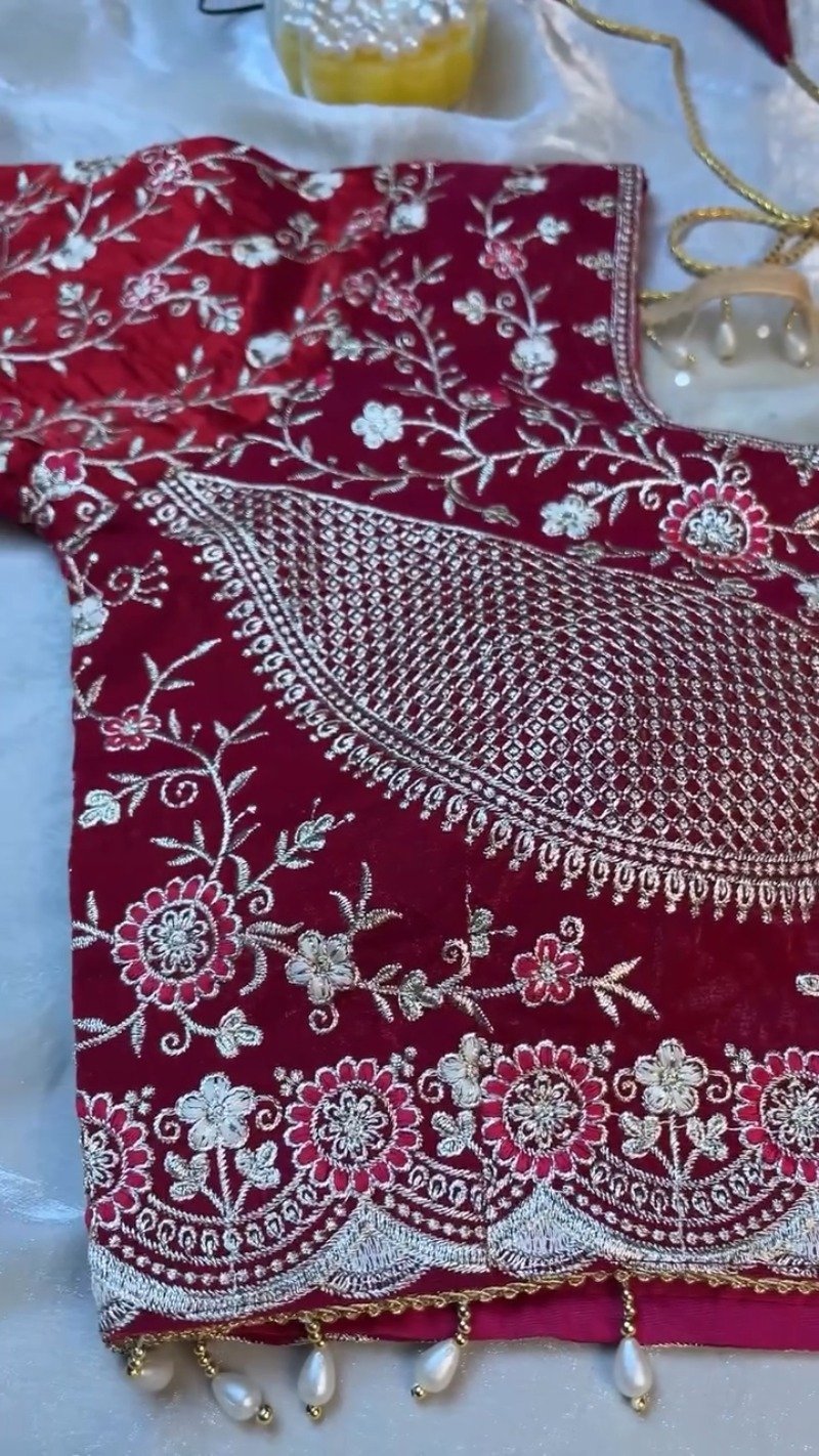 Royal Velvet & Organza Co-ordinated Set with Intricate Zari Embroidery โ Available in Crimson Red & Pristine White - Image 7