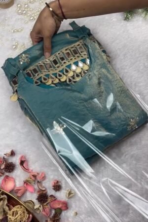 Teal Blue Shimmer Mirror-Work Kurta Set with Designer Hemline