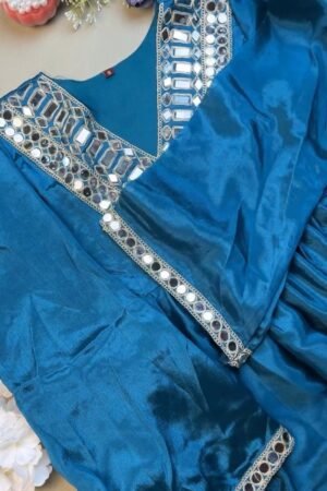 Royal Teal Mirror-Embellished Velvet-Feel Kurta Set