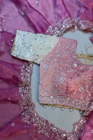 Opulent Paisley Embellished Organza Saree Set – Available in Rose Quartz & Cream