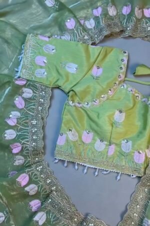 Verdant Blossom Organza Saree & Embroidered Blouse Set – Available in Lime Green & Golden Yellow