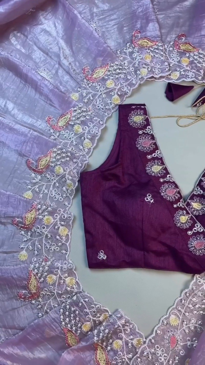 Lilac Organza Saree with Deep Plum Embroidered Blouse β Available in Lavender & Plum