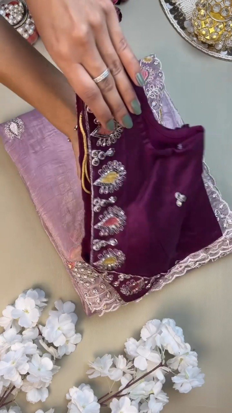 Lilac Organza Saree with Deep Plum Embroidered Blouse β Available in Lavender & Plum - Image 2