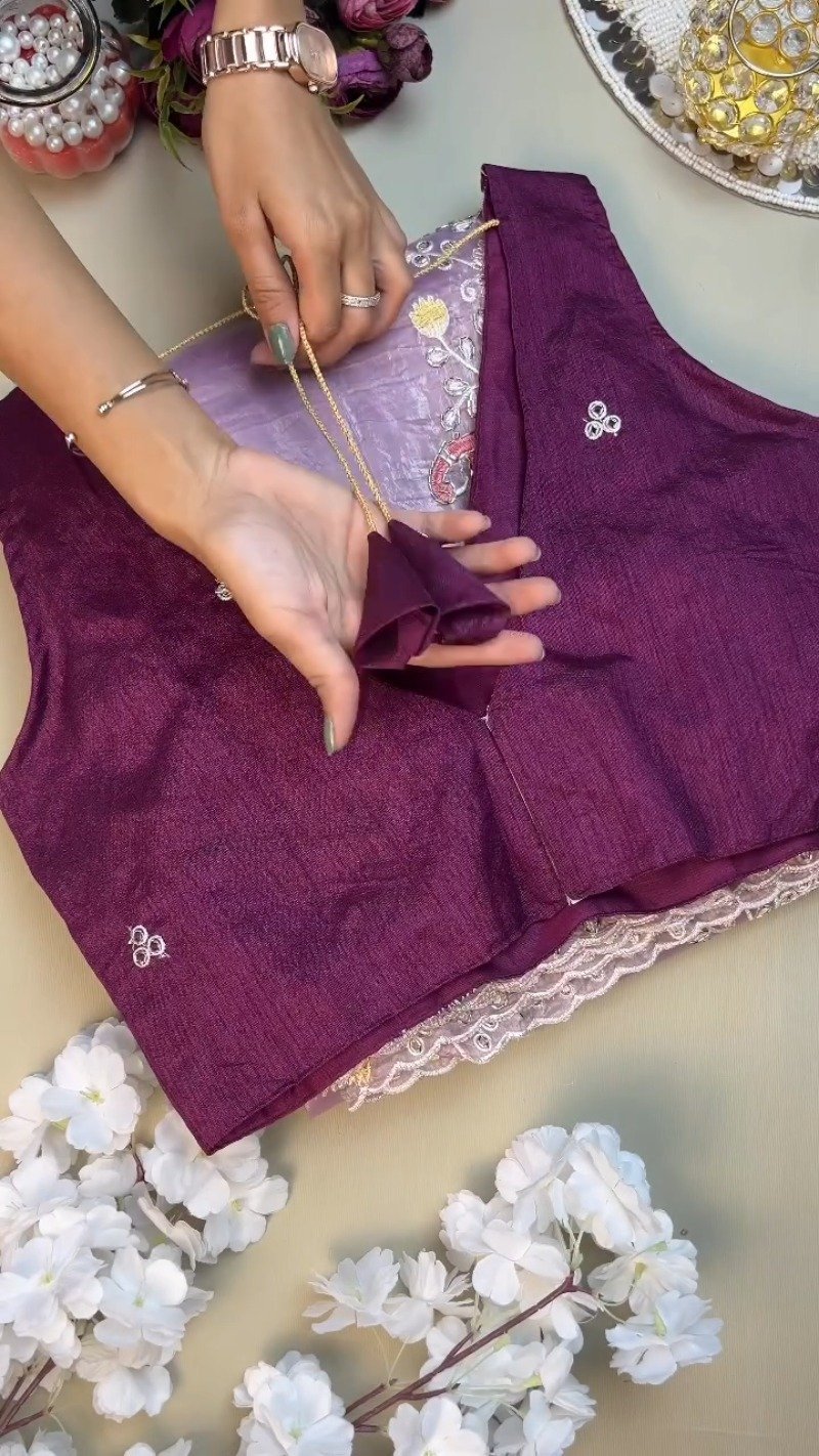 Lilac Organza Saree with Deep Plum Embroidered Blouse β Available in Lavender & Plum - Image 4