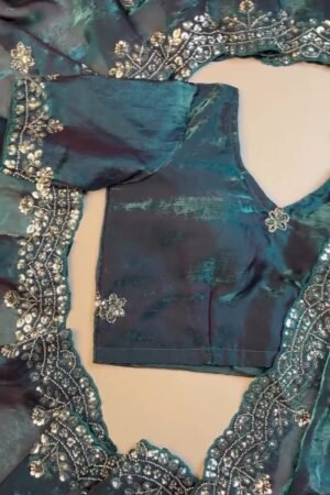 Enchanting Deep Teal Sequined Organza Saree & Blouse Ensemble