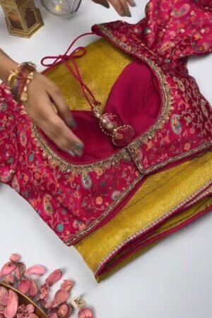 Opulent Hand-Embellished Silk Saree with Contrast Designer Blouse – Available in Mustard & Pink