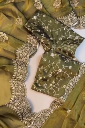 Olive Green Embroidered Organza Saree Set with Embellished Blouse