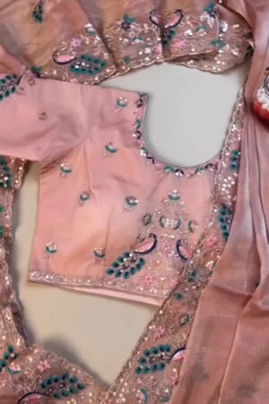 Peach Enchantment Peacock Embroidered Silk Saree & Blouse Set