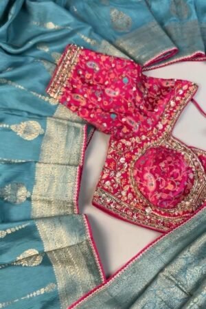 Opulent Paisley-Embroidered Silk Saree with Contrast Handcrafted Blouse – Available in Fuchsia & Teal Blue