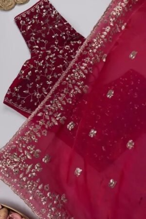 Elegant Embellished Chiffon Saree with Sequin-Work Blouse – Available in Ivory & Deep Crimson