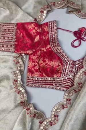 Red Brocade Blouse with Scalloped Sequin Border Saree