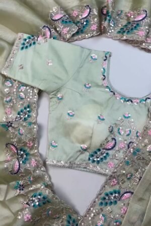 Celestia Sage Green Embroidered Saree Set with Peacock Motif Blouse