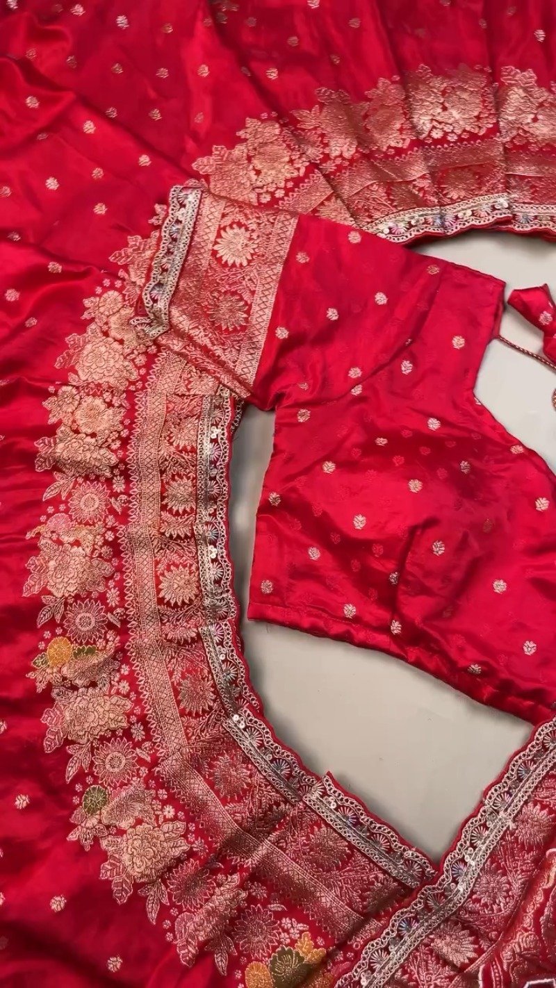 Regal Crimson Silk Brocade Lehenga Set with Elaborate Floral Zari Work