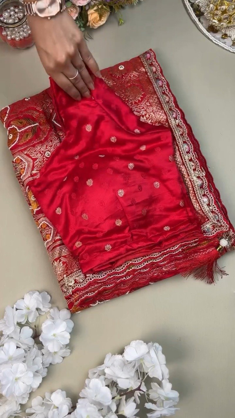 Regal Crimson Silk Brocade Lehenga Set with Elaborate Floral Zari Work - Image 2