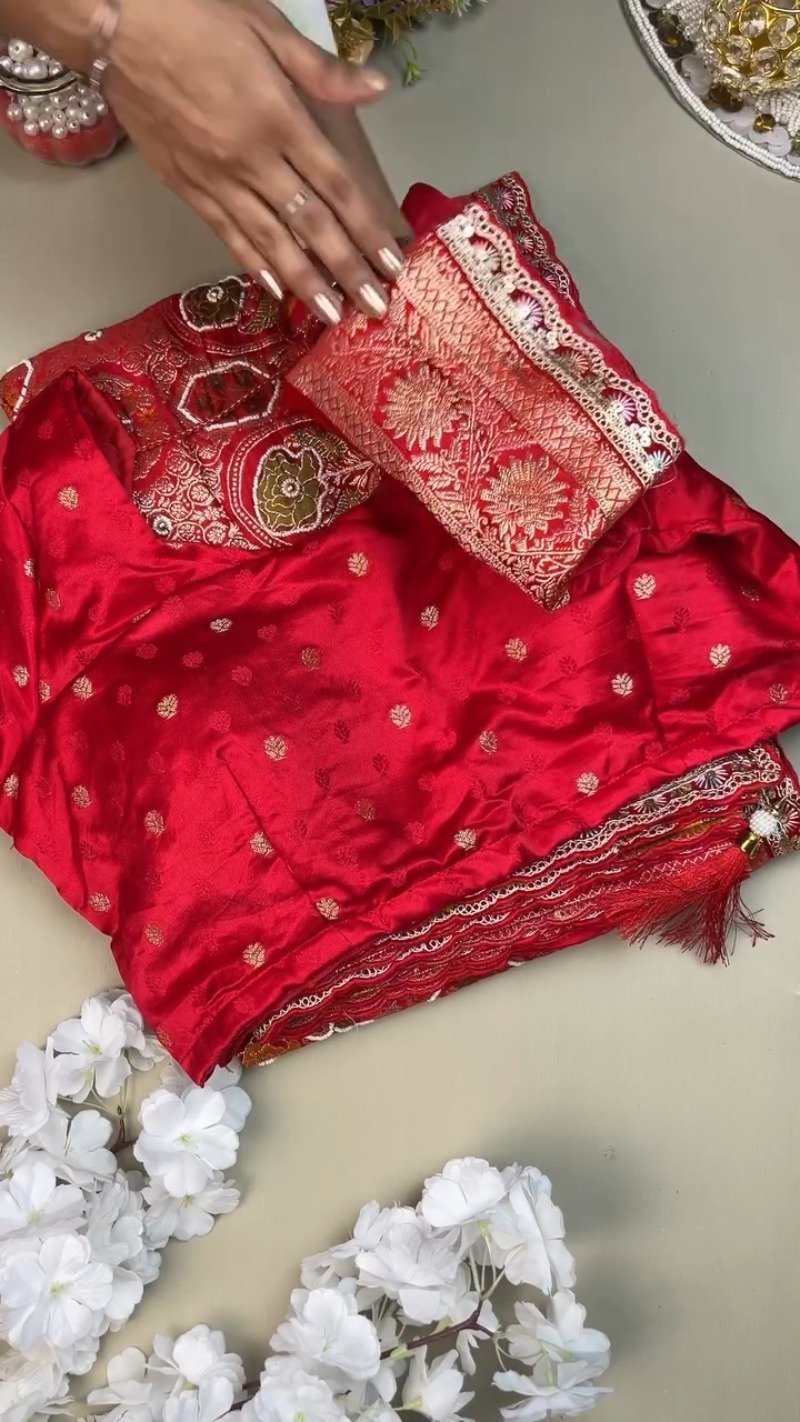 Regal Crimson Silk Brocade Lehenga Set with Elaborate Floral Zari Work - Image 3