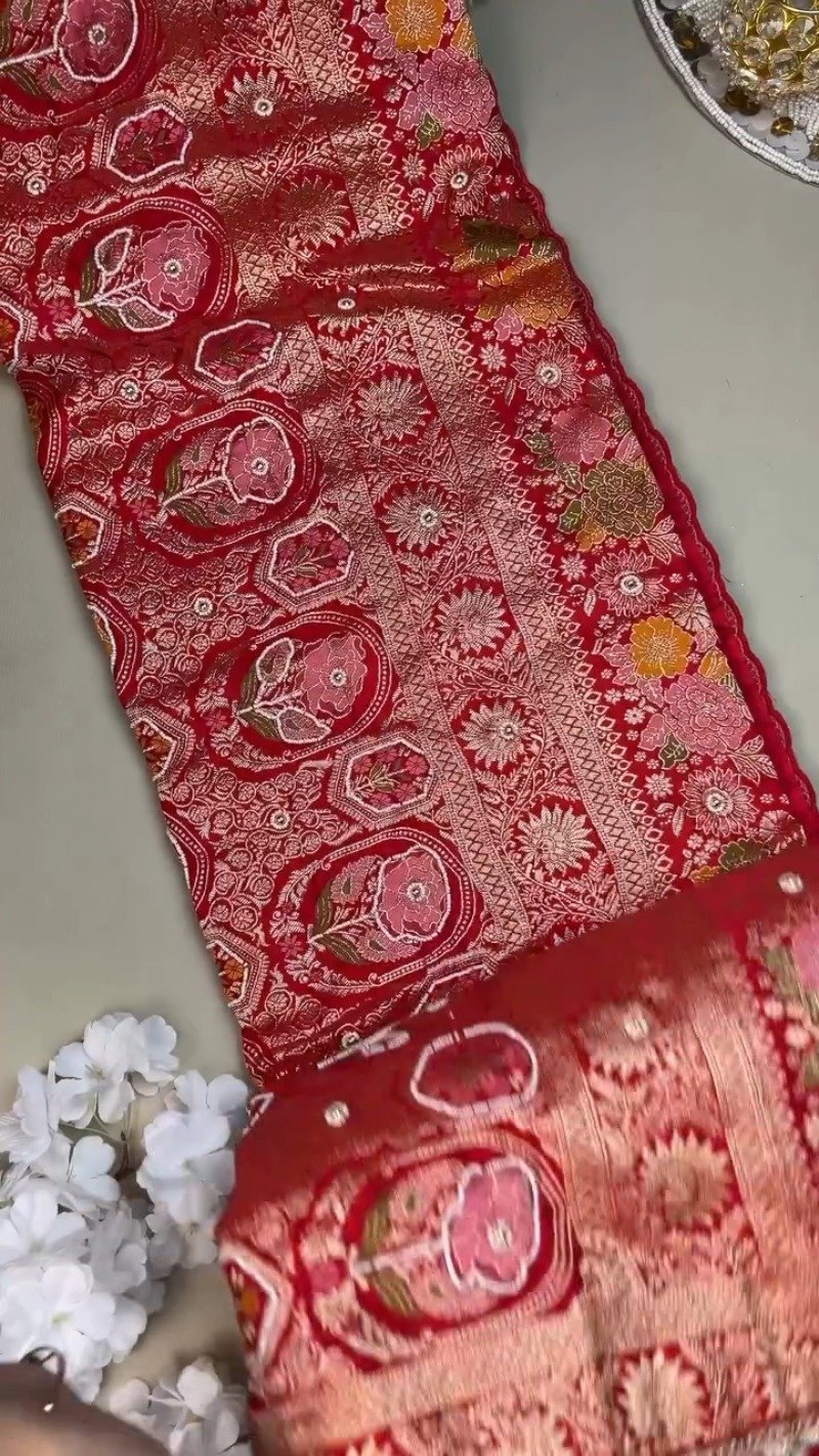 Regal Crimson Silk Brocade Lehenga Set with Elaborate Floral Zari Work - Image 4
