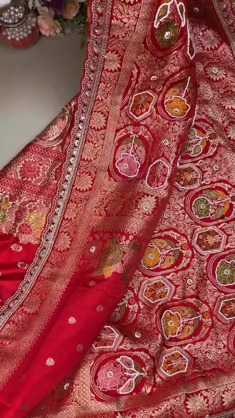 Regal Crimson Silk Brocade Lehenga Set with Elaborate Floral Zari Work - Image 5