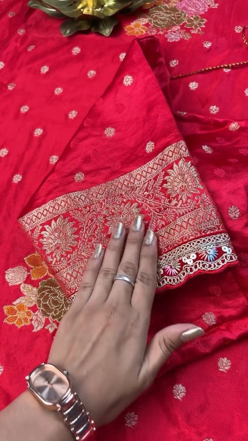 Regal Crimson Silk Brocade Lehenga Set with Elaborate Floral Zari Work - Image 6