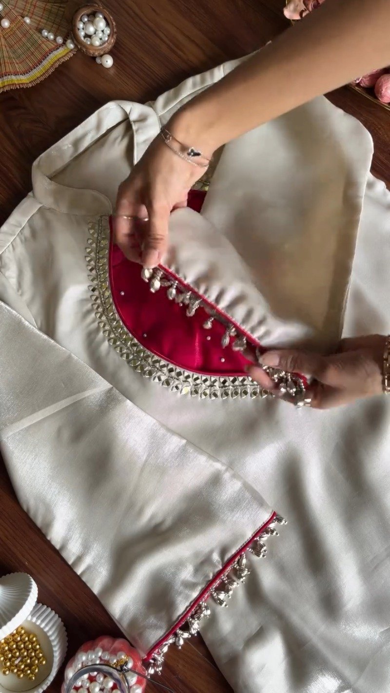 Ivory & Fuchsia Hand-Embellished Designer Kurta Set โ Available in Ivory & Fuchsia - Image 3